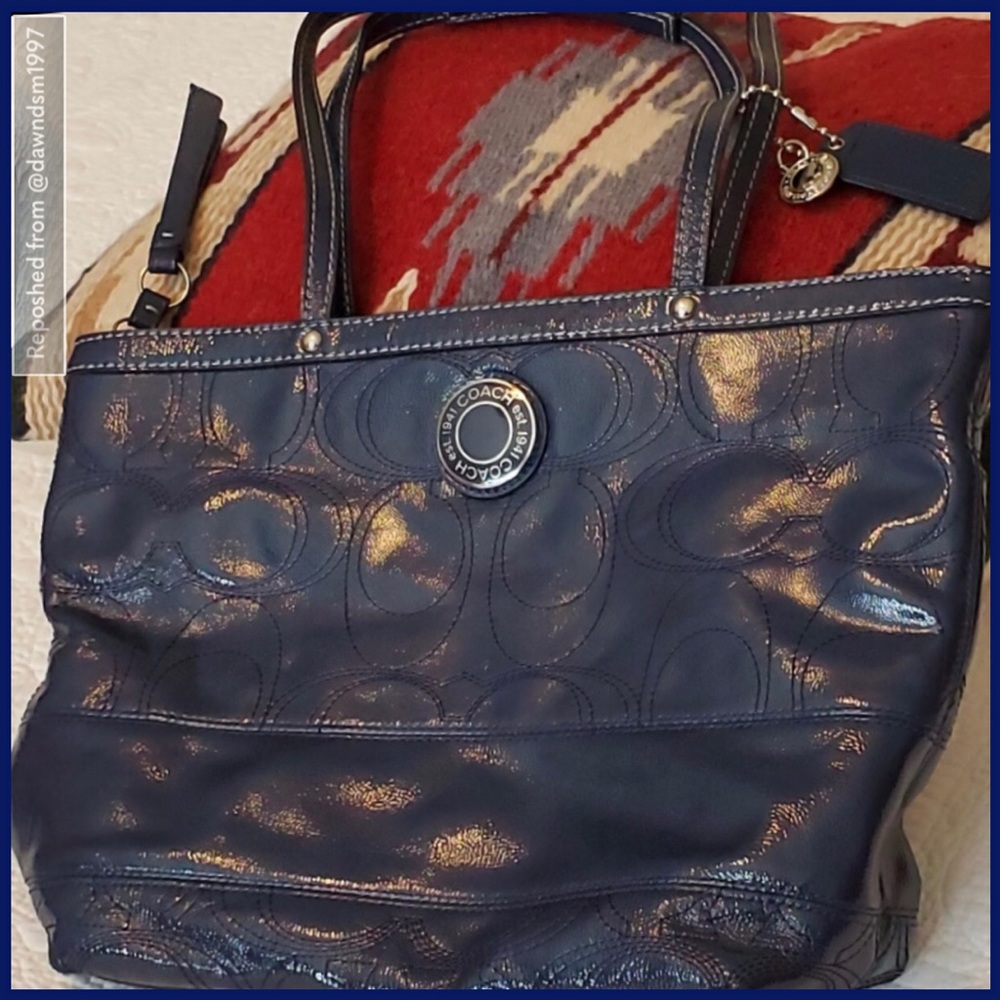 Coach Patent Marine Navy Blue Leather Logo Mini Tote Purse - Picture 7 of 16